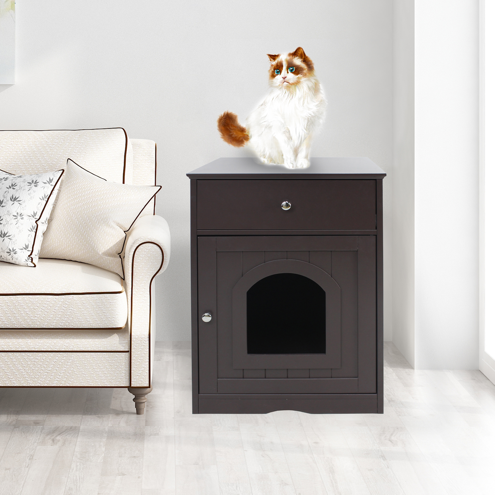 Jopath Cat Home Nightstand,Wooden Pet House Cat Litter Box Enclosure With Drawer, Side Table, Indoor Pet Crate,Kitty Sleep Durable,Easy To Clean Brown