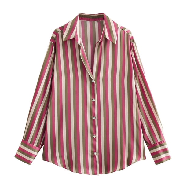 Camisa de gran tamaño a rayas for mujer, blusa de satén, camisas de manga larga con botones for camisas y blusas con cuello
