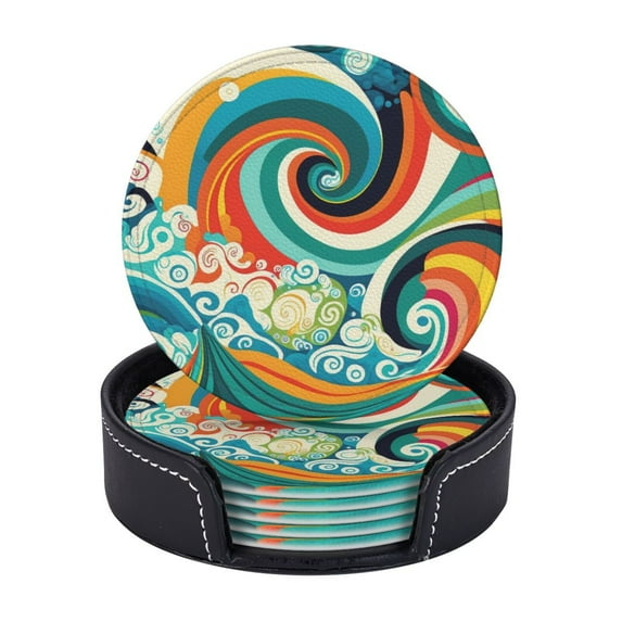LNWH Coasters, Whimsical Colorful Waves Leather Round Coasters Set of 6 for Kitchen Dining Room Living Room Bar - Tabletop Waterproof and Anti-scald