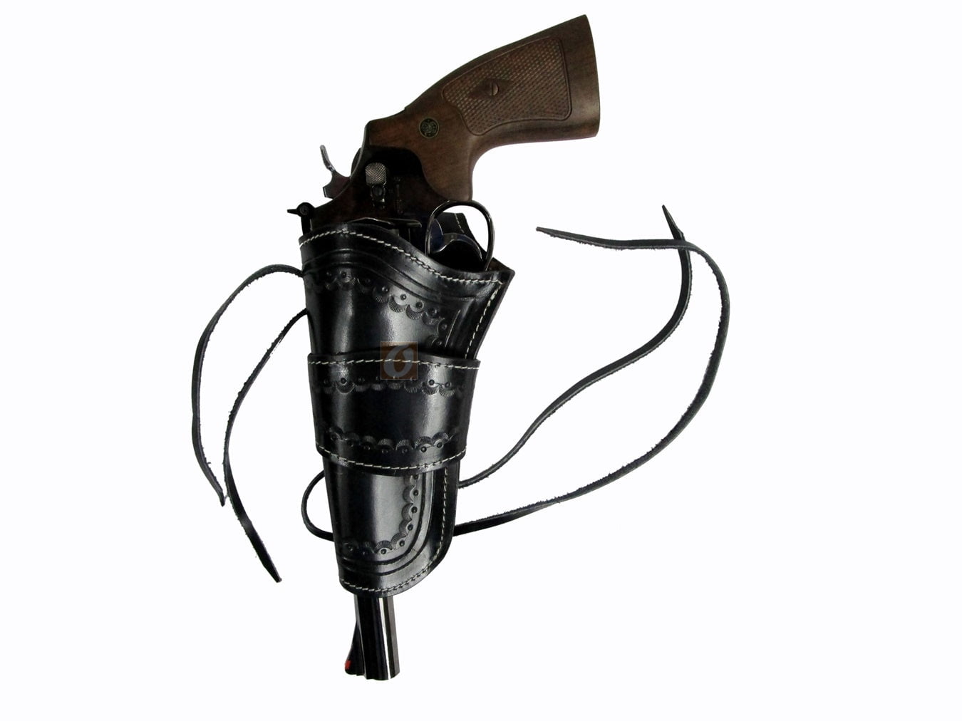 Leather Holster Long Barrel Revolver Pistol Fit Sea Shell Tooled Black - Left Hand