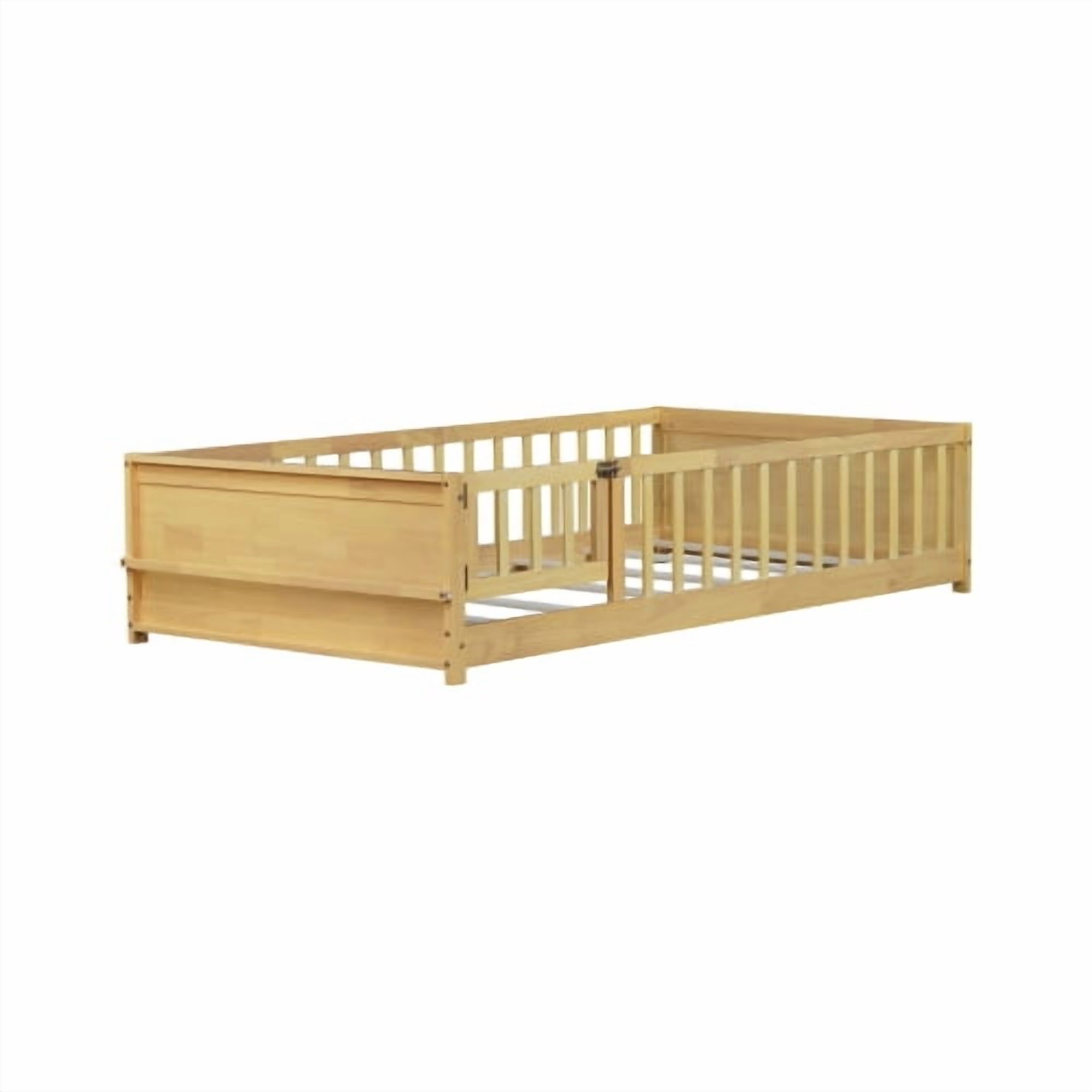Bellemave Twin Size Floor Bed with Fence and Door, Montessori Floor Twin Bed with Built-in Book Rack, Solid Wood Twin Bed with Slats and Safety Guardrails, Natural