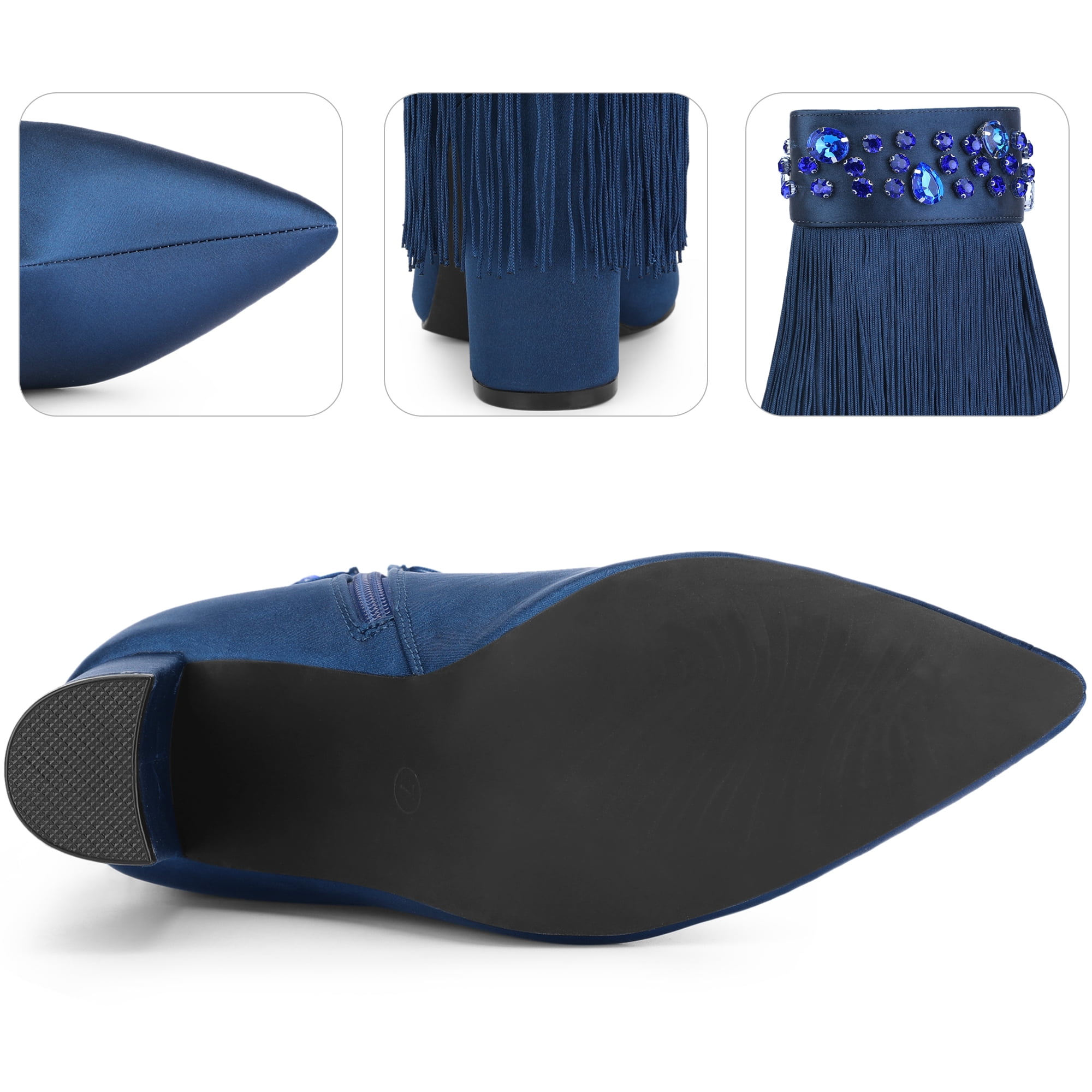 DARING DIVA Pointed Toe Fringe Rhinestone Chunky Heel Ankle Boots Navy Blue 8