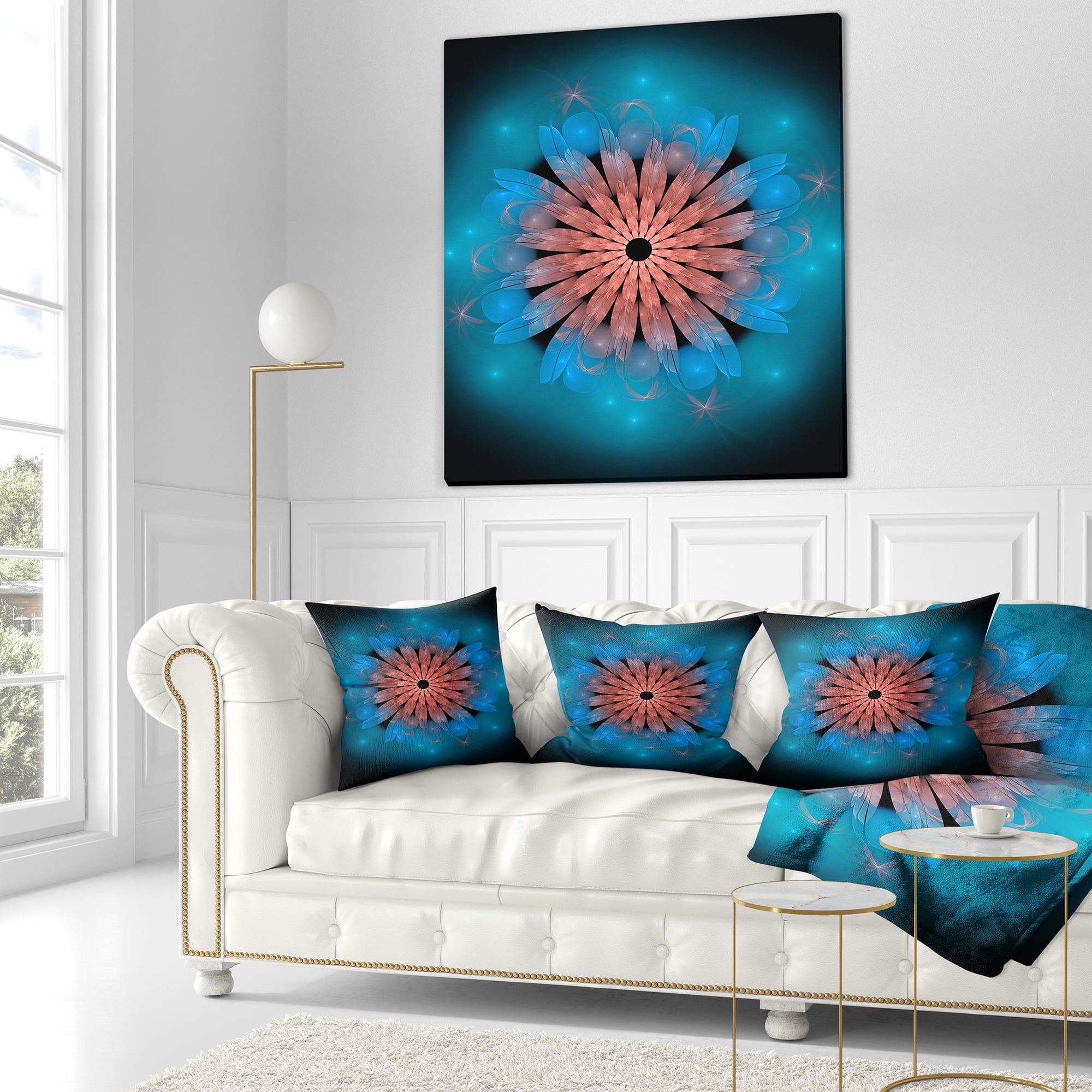 Designart Fractal Blooming Turquoise Flower - Floral Throw Pillow - 18x18