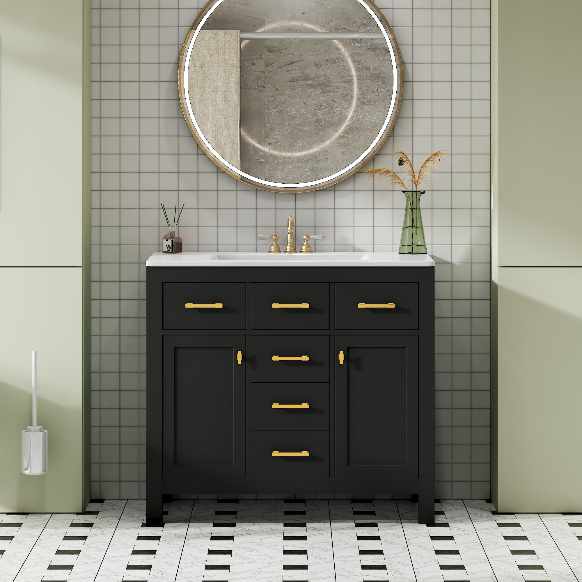Euroco 36-Inch Solid Wood Bathroom Vanity with Ceramic Sink and Storage Cabinets