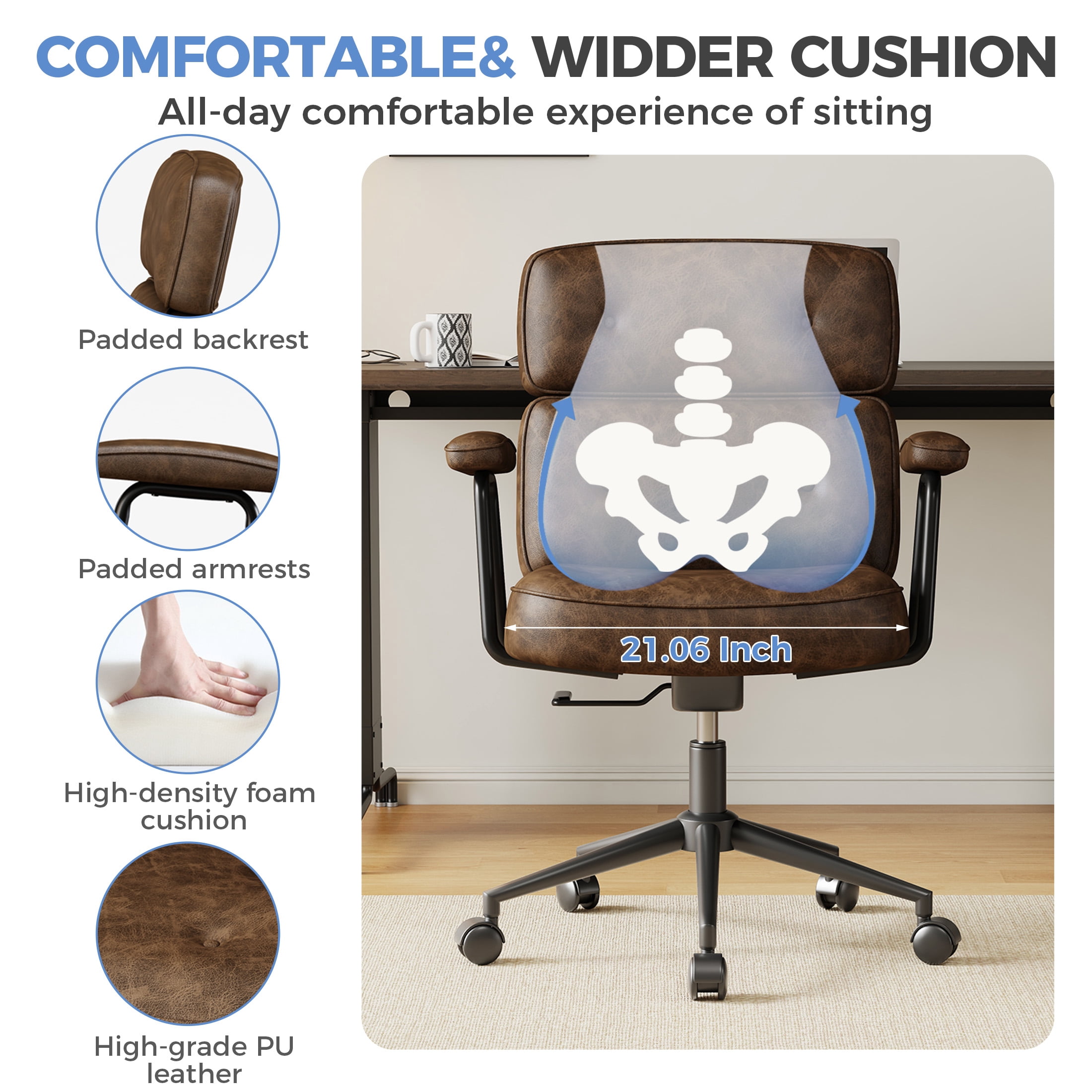 CONCETTA Ergonomic Office Chair, Soft PU Leather Adjustable Task Chair with Lumbar Support and 360° Swivel, Brown