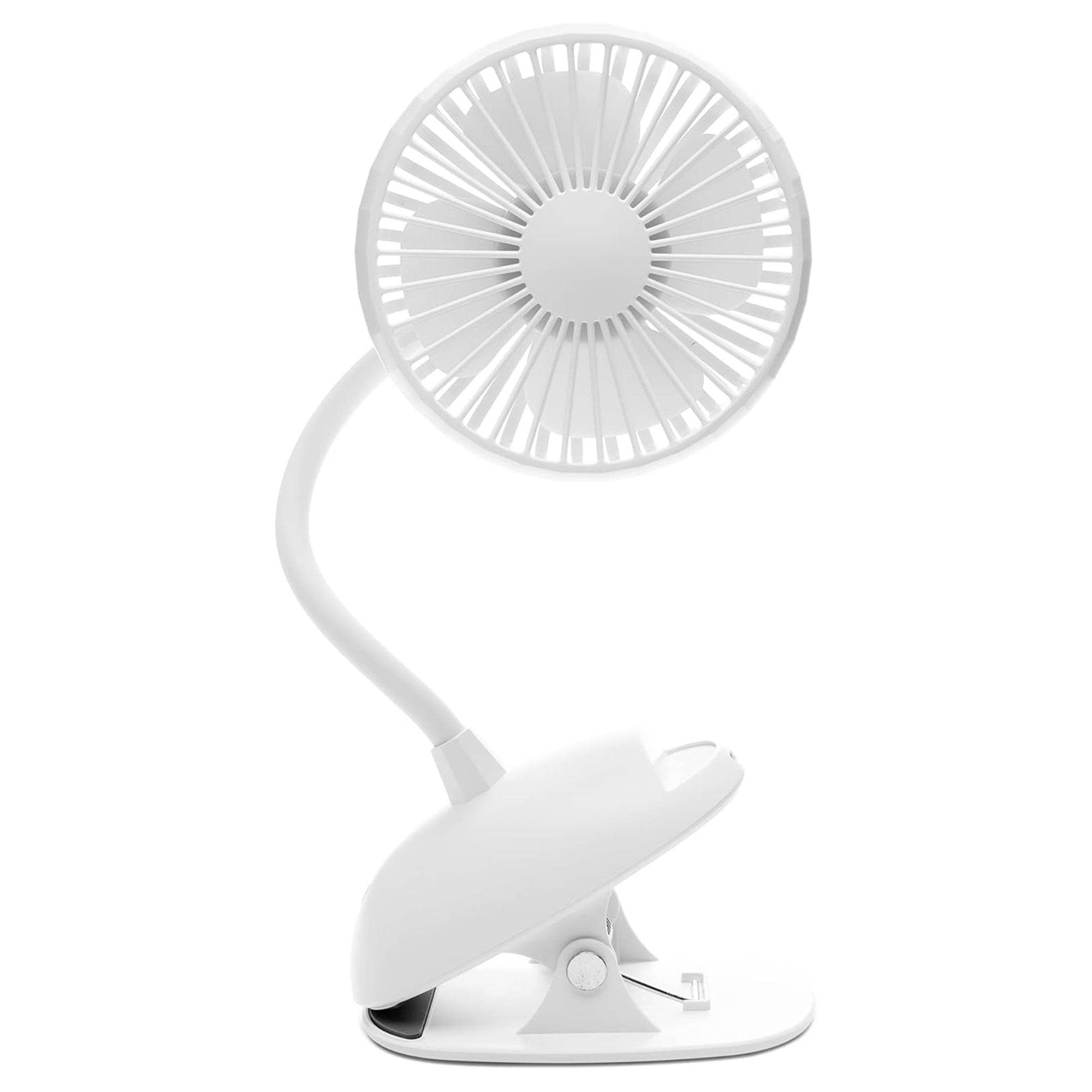 White Adjustable Battery-Powered Clip-On Desk Fan with 3 Speeds