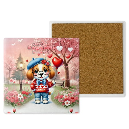 Happy Valentine’s Day Adorable Beagle Puppy Holding Heart Balloon Set of 4 Stone Coasters Beagles Dog Lover Gifts Idea 4x4in Absorbent Soapstone Coaster - 00030
