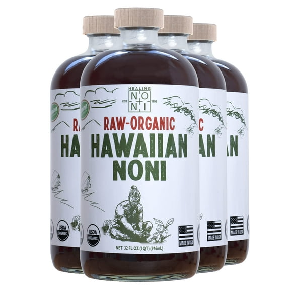 Healing Noni - Raw Organic Hawaiian Noni Juice - 4 Pack of 32oz Glass Bottles