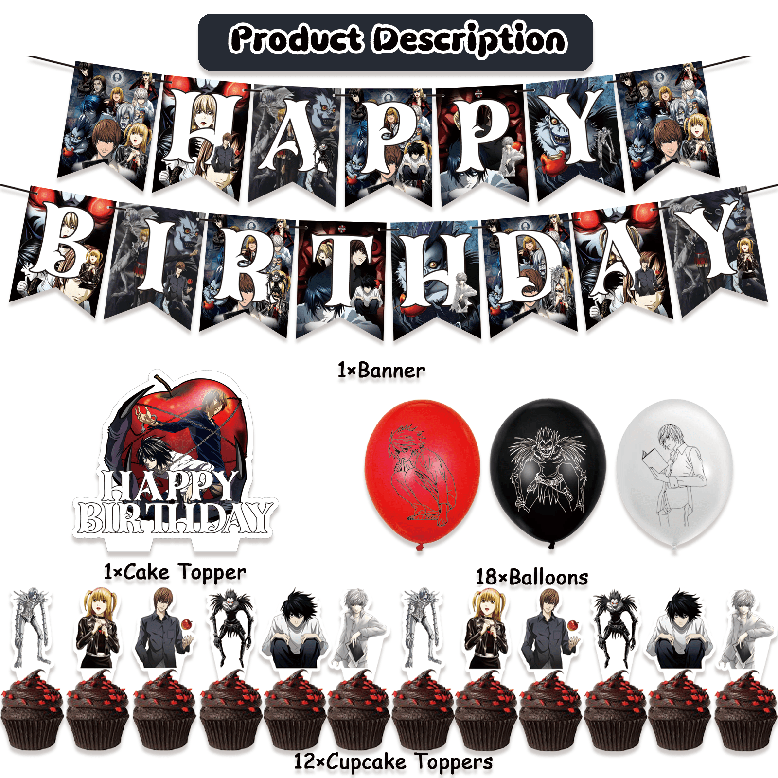 32Pcs For Death Note Party Decoration Kit – Includes Banner, 18 Balloons,13 Cupcake Toppers for Themed Celebrations