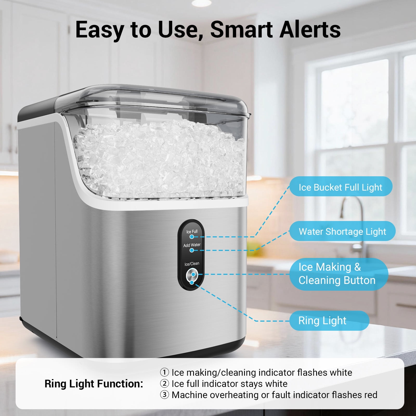 Joreek Nugget Ice Maker Countertops, 35lbs Per Day Portable Pebble ice machine, Crushed Sonic ice maker with Soft Chewable Ice for Home, Party, RV, Camping, Stainless Steel Silver