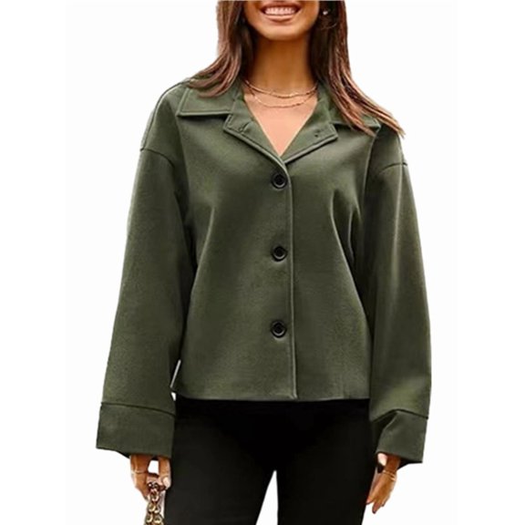 Women Cropped Trench Coat Wool Blend Pea Coat Casual Loose Long Sleeve Button Down Winter Outerwear Green S