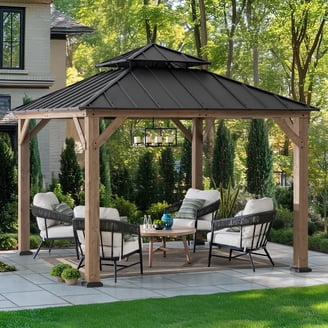 Sunjoy 11' x 11' Outdoor Permanent Gazebo with Hardtop Steel Roof