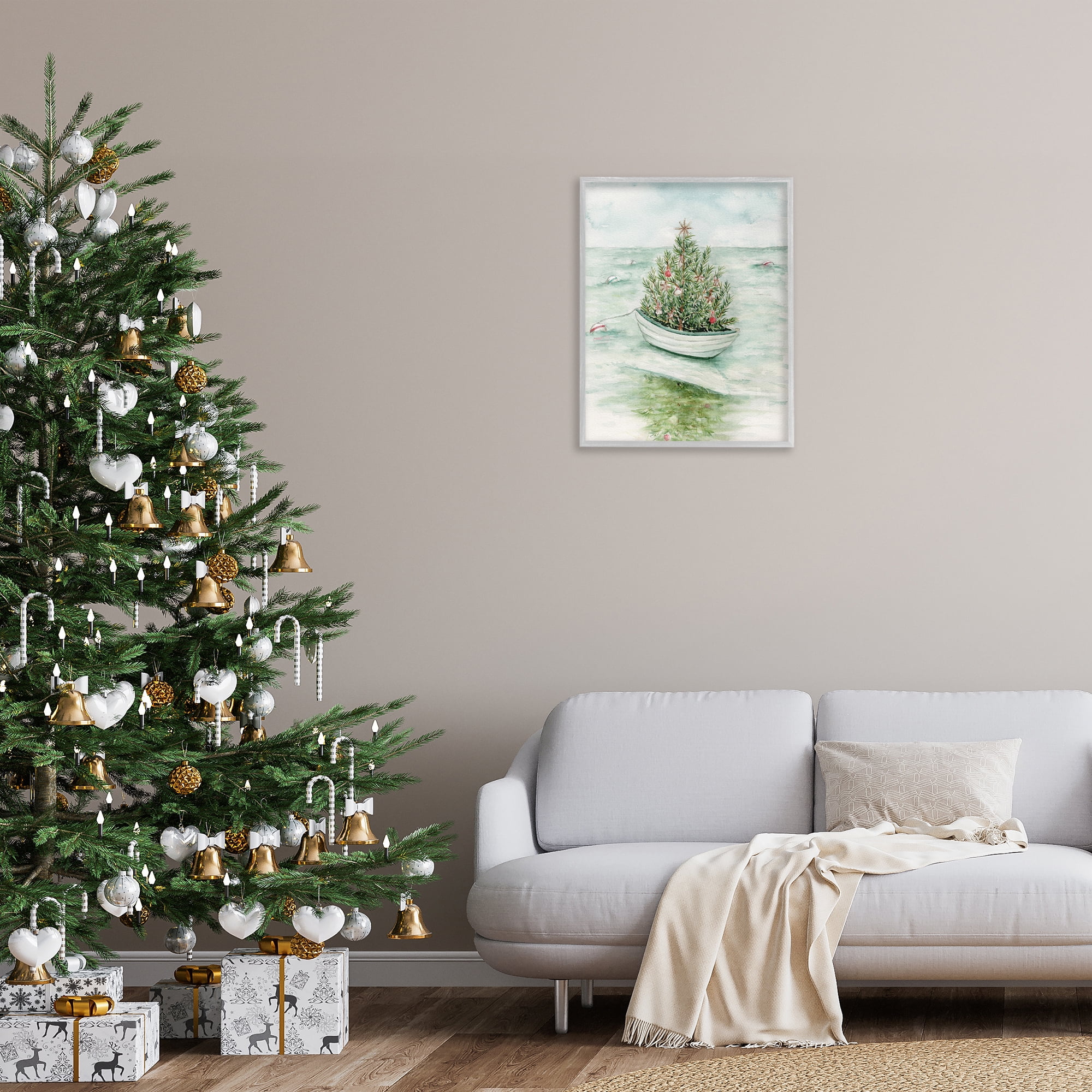 Stupell Industries Beachy Christmas Tree Holiday Painting Gray Framed Art Print Wall Art, 24 x 30