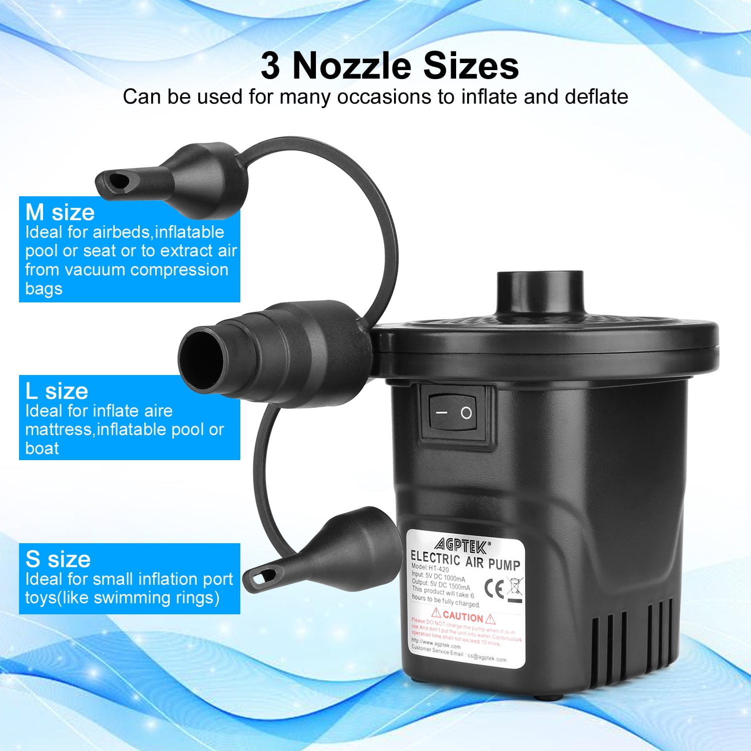 Electric Air Pump Quick-Fill Inflator & Deflator with 3 Nozzles, Lightweight & Portable Rechargeable Air Pump Perfect for Air Beds, Air Mattresses, Pool Toys & Inflatable