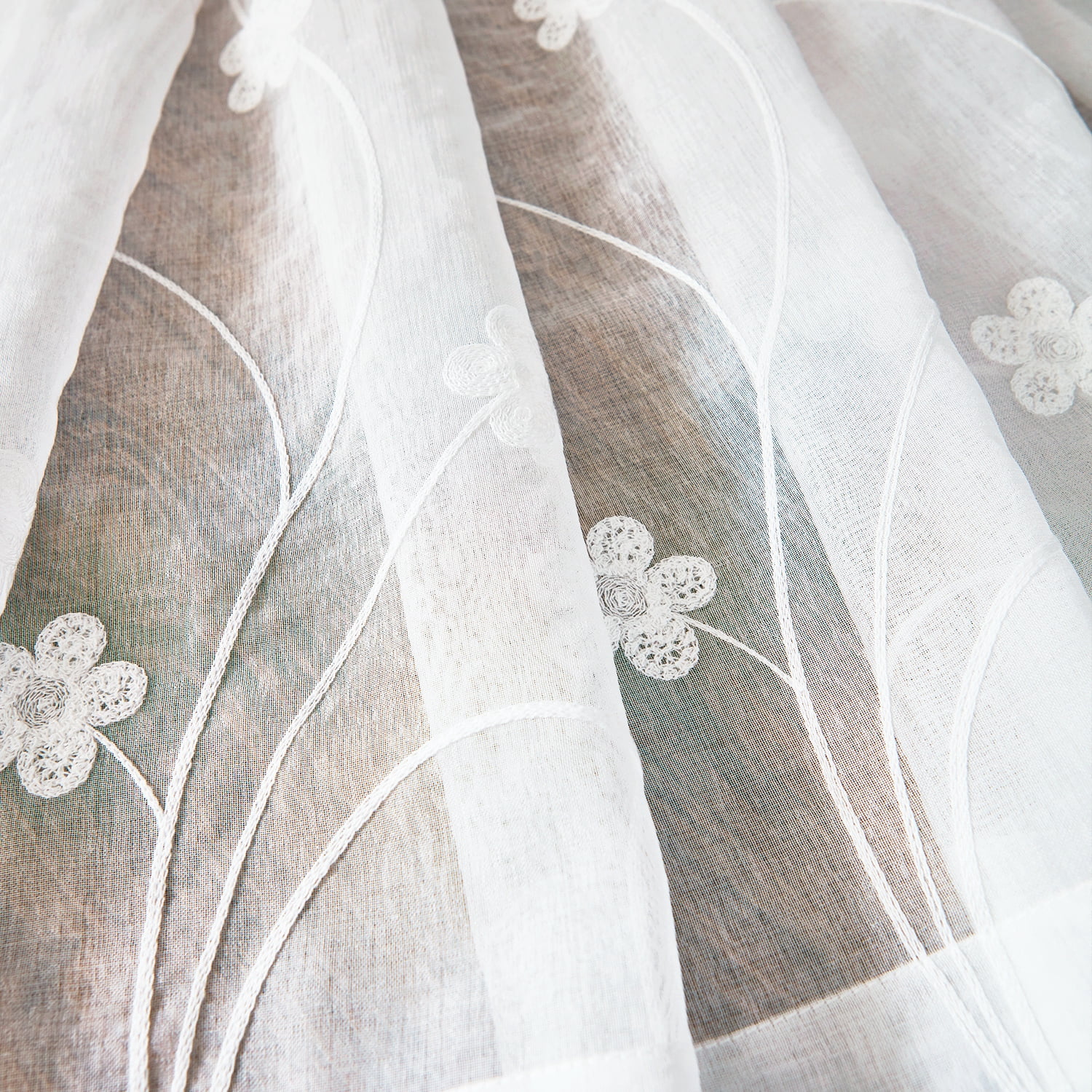 VOGOL Decor White Flower Embroidered Sheer Curtain Panels Set of 2, Farmhouse Airy Voile Sheer for Bedroom, 52x96 inches, Rod Pocket