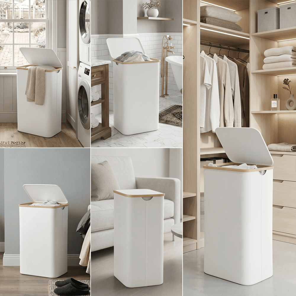 PLUMEBAY 110L Laundry Hamper with Lid, Large Foldable Clothes Basket with Bamboo Handles, Tall Fabric Hamper for Bedroom, Bathroom, Dorm, White