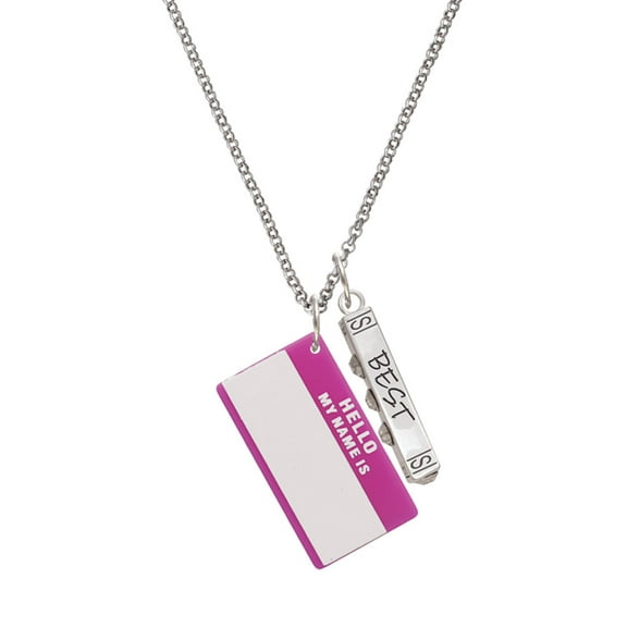 Delight Jewelry Acrylic Pink "Hello" Name Tag Silvertone Best Friends Forever Bar Charm Necklace, 23"
