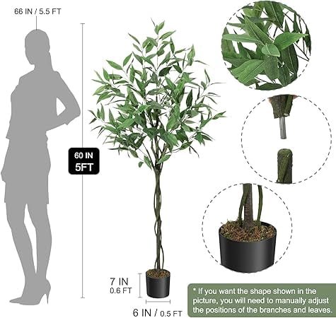 Kojooin Artificial Tree Plant Eucalyptus Tree 60 inches Tall,Modern Large Fake Plant Decor in Pot for Indoor Outdoor,Green