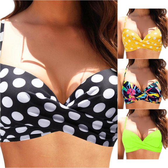 FINALGANG Women V Neck Thin Spaghetti Strap Polka Dot Print Twist Front Bikini Top Soft Stretch Summer Swimwear For Beach Vacation Versatile Swimwear XXL