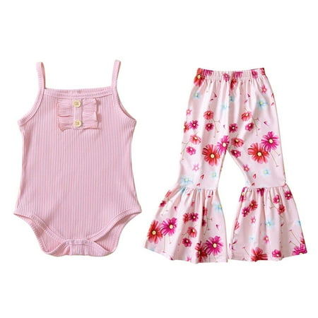 

Toddler Baby Girl Outfit Spaghetti Straps Top Flower Flared Pants Bell Bottoms Birthday Lovely Cartoon Clothes Outwear