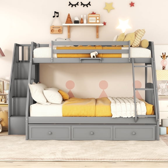 FFZ Twin-Over-Full Bunk Bed with Storage Staircase, Drawers and Ladder, 93.4 x 59 x 60.65 inch, Gray