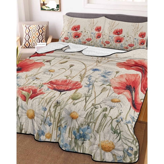 Red Poppy Flower Twin Size Down Alternative Comforter, Lightweight Comforter Quilt Bedding Set with Pillow Shams Patriotic Botanical Summer Floral All Seasons Bed Comforter Duvet Insert 68"x86"