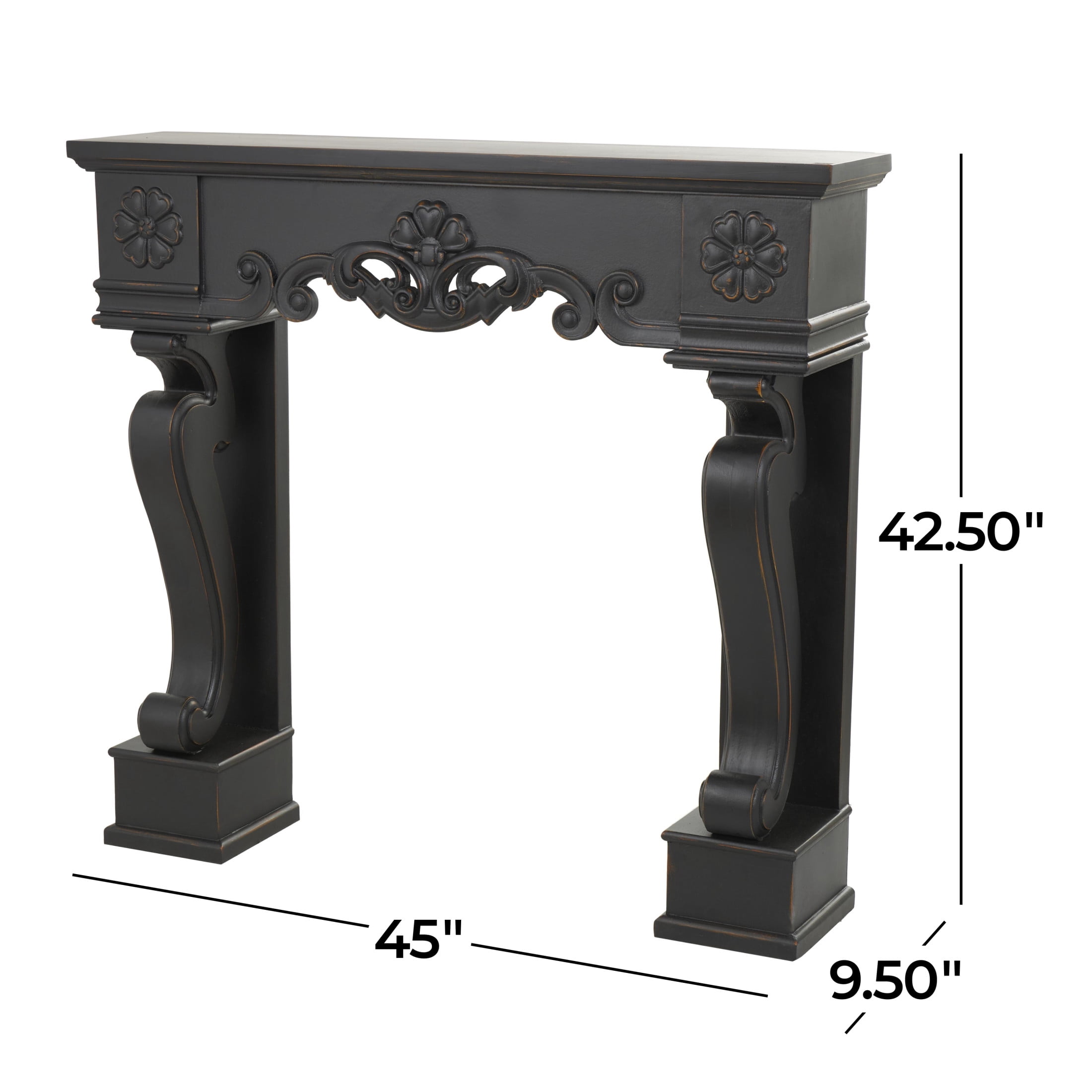 DecMode 45" x 43" Wood Black Freestanding Scroll Surround Fireplace Mantle with Floral Accents