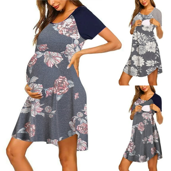 Elainilye Fashion Women Pajamas Round Neck Print Patchwork Short Sleeve Breast Feeding Pregnant Nursing Sleepwear Dress,Gray