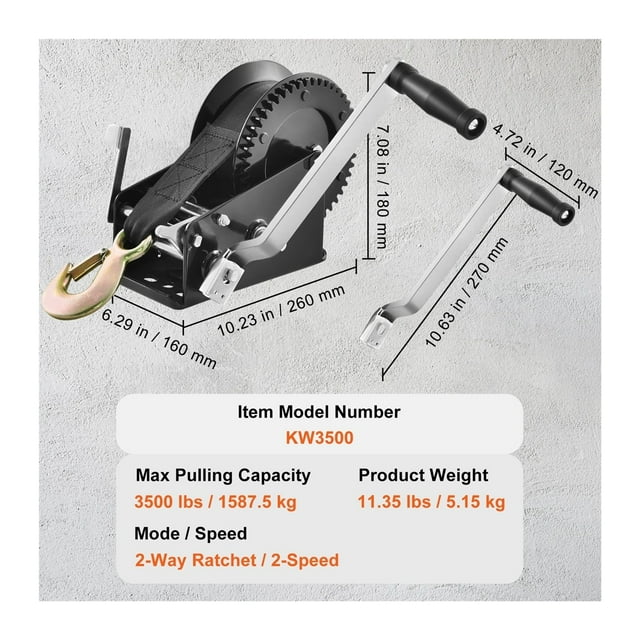 Hand Winch Boat Trailer Winch Heavy Duty Rope Crank Polyester Strap And Two-Way Ratchet Manual Operated Hand Crank Winch