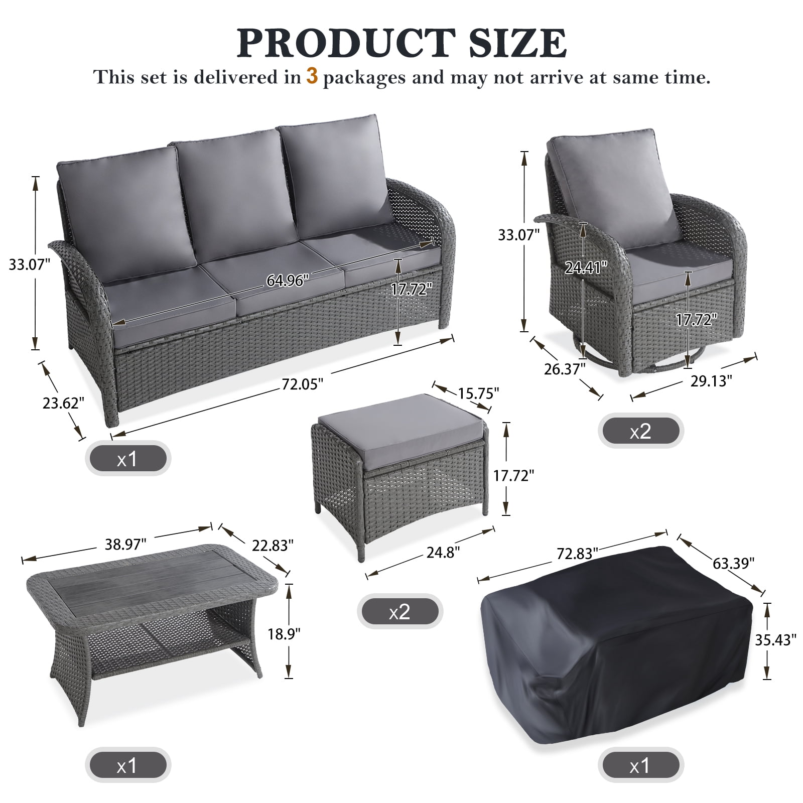 NOBLEMOOD 6 Pieces Patio Furniture Set with Swivel Chairs, All Weather Outdoor Rattan Conversation Sectional Sofa Set with Coffee Table, Ottoman for Porch Deck Garden