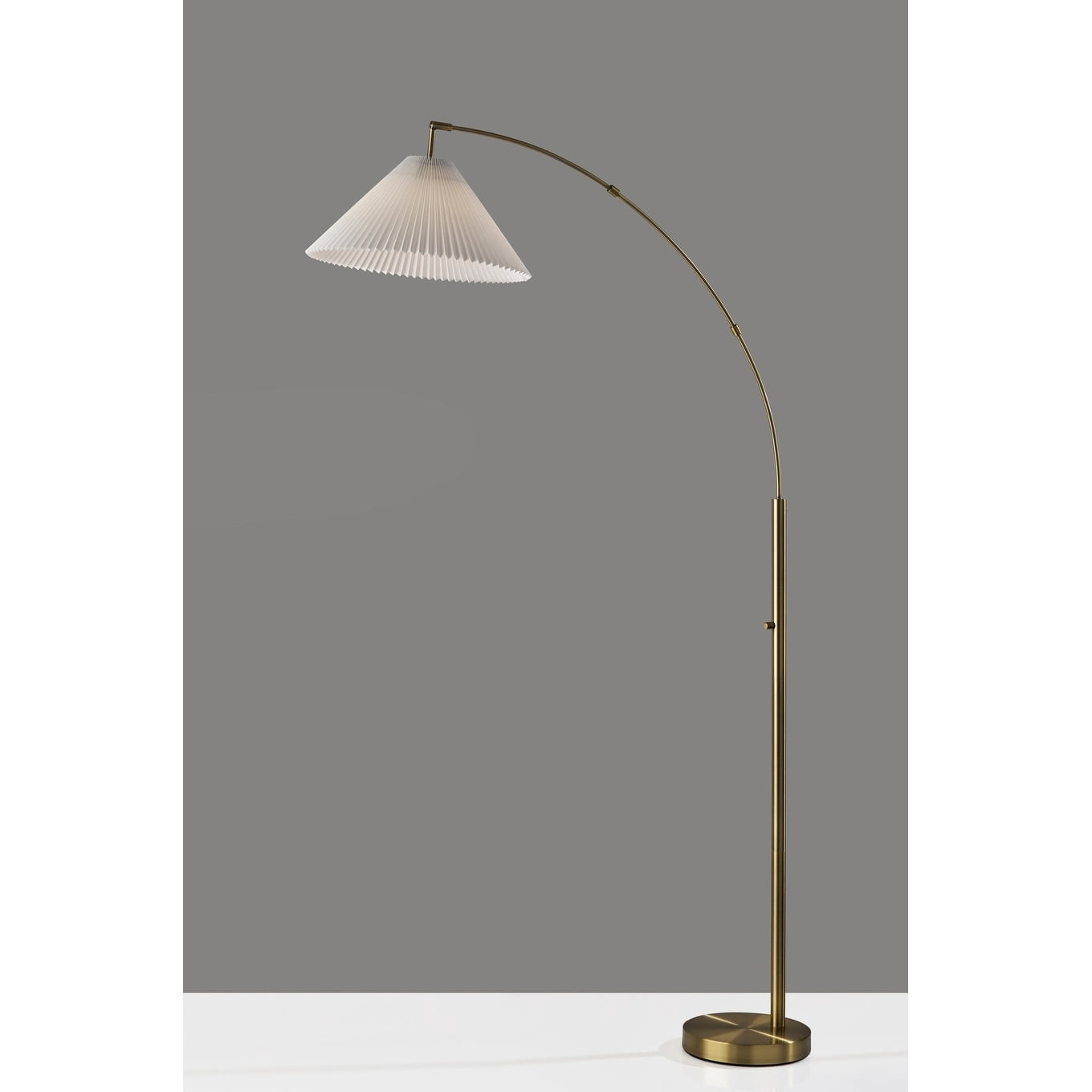 Adesso Delaney 76" Antique Brass Arc Floor Lamp with Off-White Pleated Tapered Shade