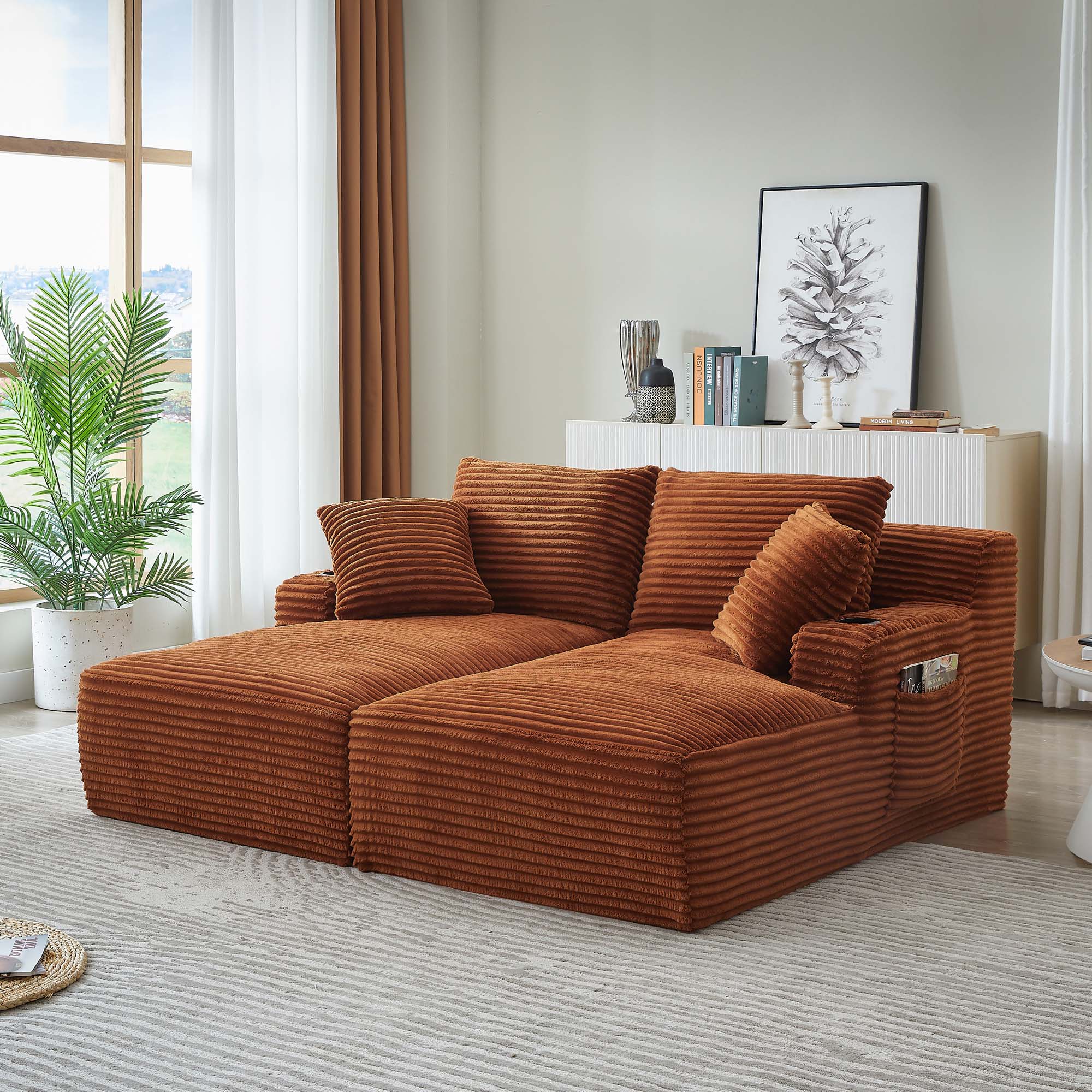 Miniyam Orange Compressible Double Chaise Lounge with Cupholders, Fluffy Modern Sleeper Loveseat for Living Room Bedroom