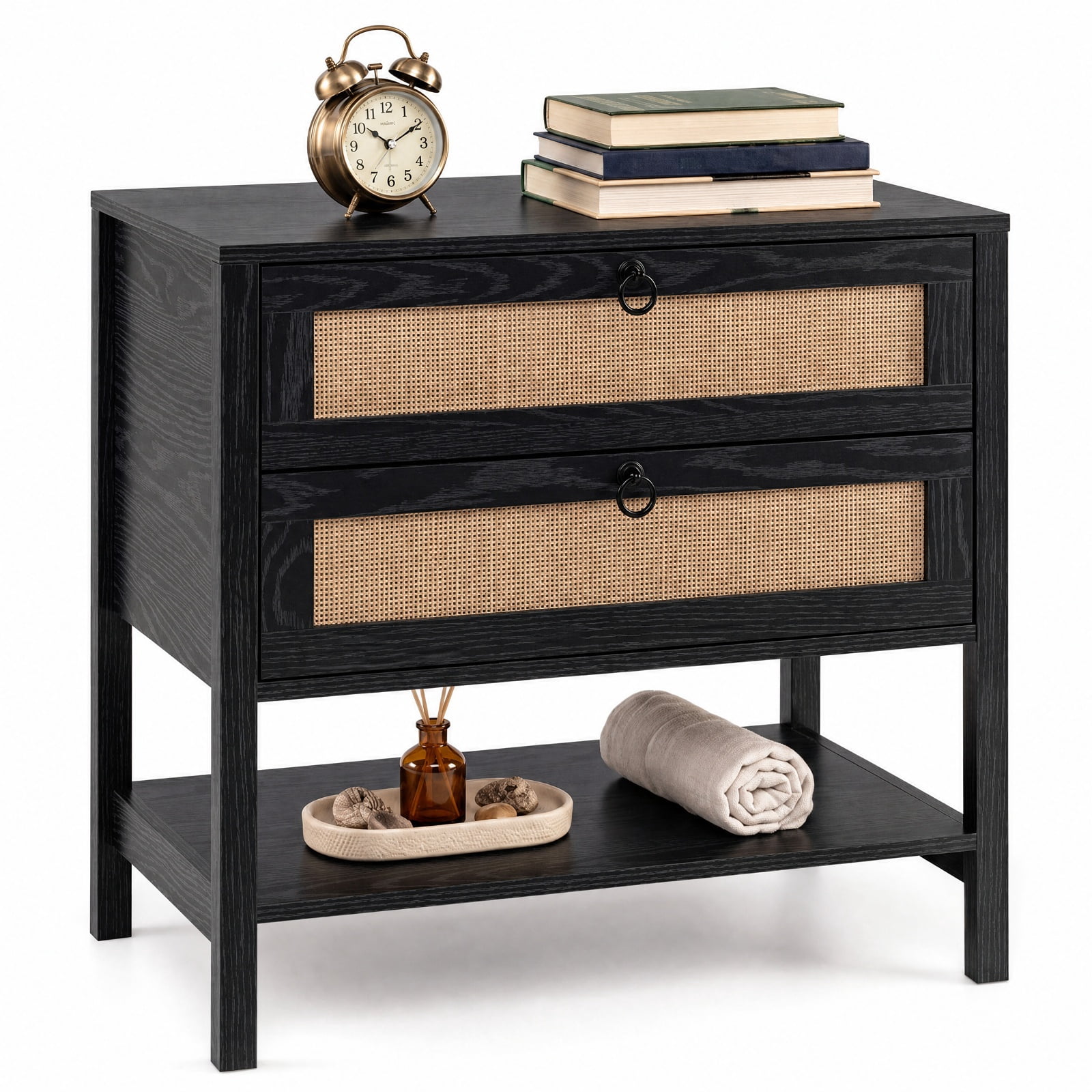 Furnibear Boho Rattan Nightstand with 2 Drawers and Bottom Open Shelf for Bedroom Living Room Bedside Sofa Side Small Space, Black