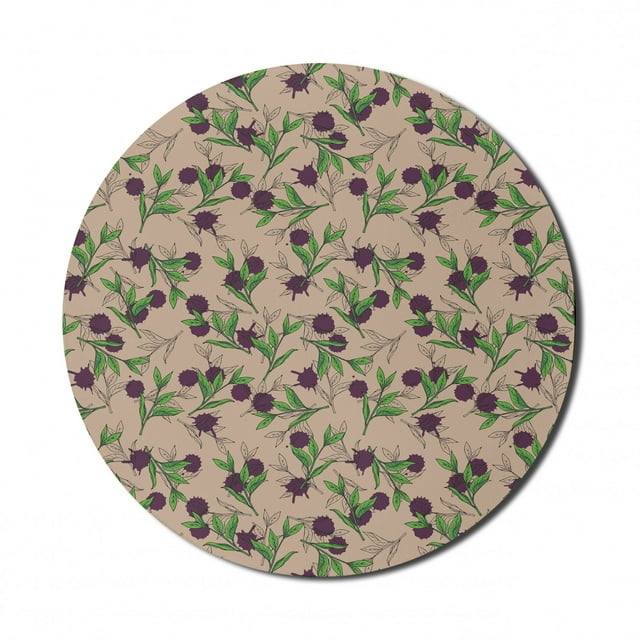 Floral Mouse Pad for Computers, Image of Natural Tea Leaves with Purple Toned Paint Drops on Background, Round Non-Slip Thick Rubber Modern Mousepad, 8" Round, Tan Plum and Lime Green, by Ambesonne