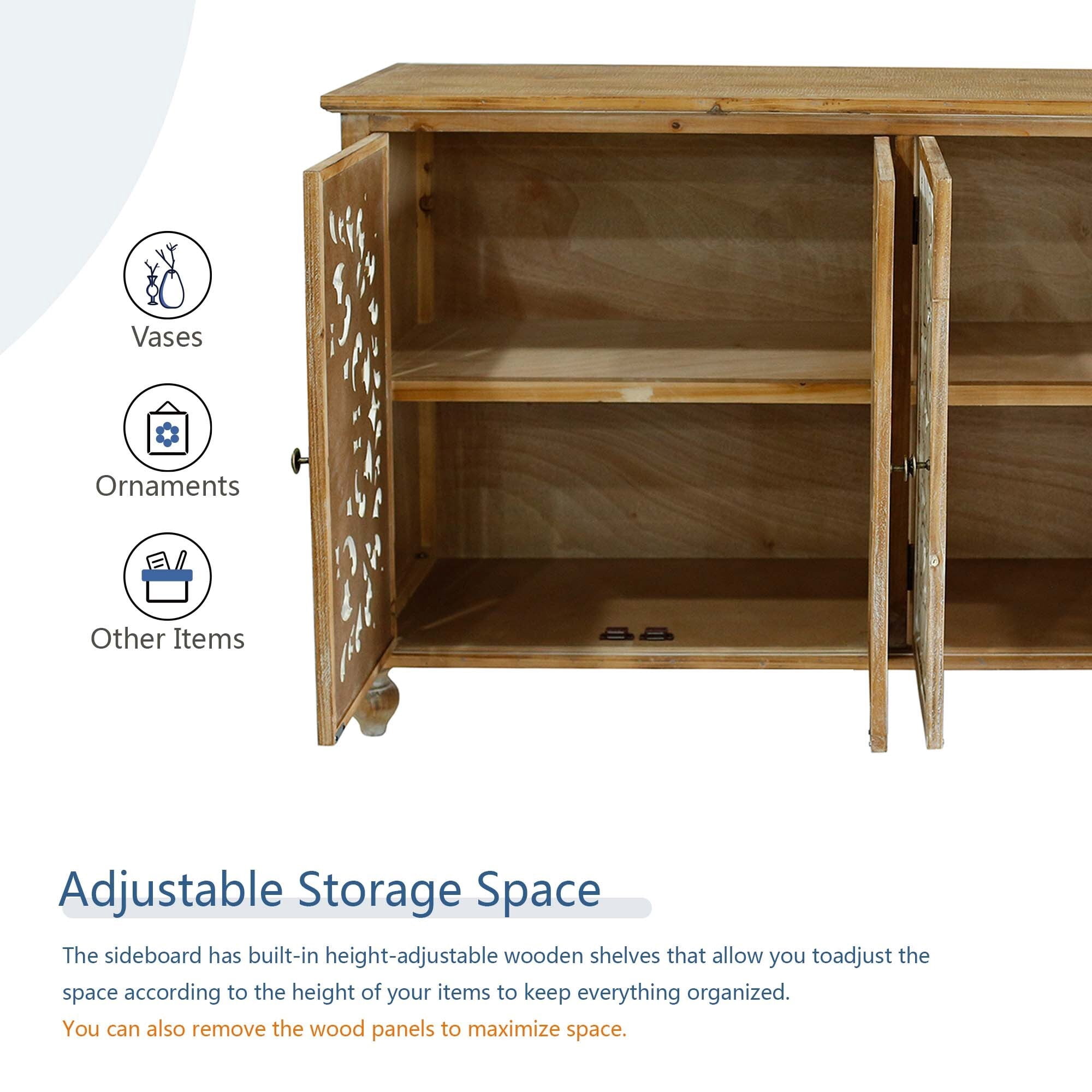 AENKYO Vintage Distressed Accent Cabinet Sideboard Buffet with Handmade Carved Doors and Adjustable Shelves, Natural Wood