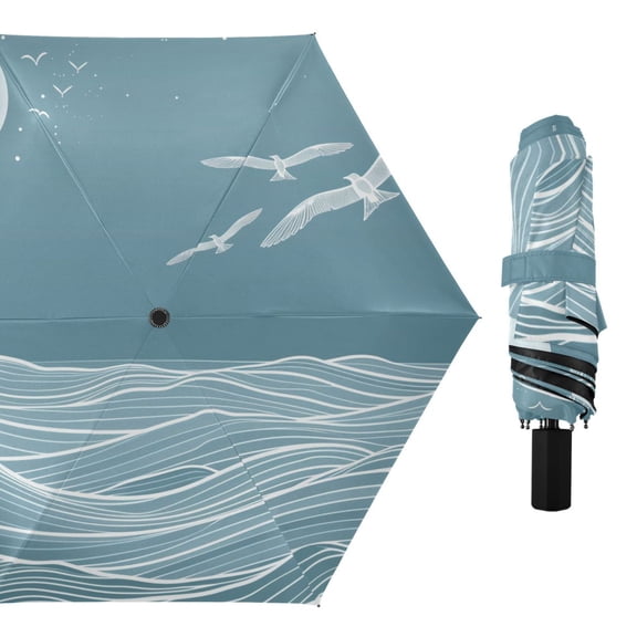 Wave Seagull Line Art Compact Sun Umbrella Windproof Travel Umbrellas for Rain Strong Portable UV Protection