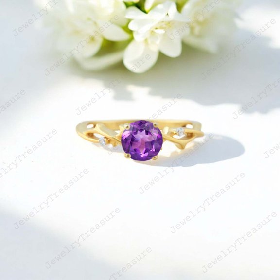 JEWELRYTREASURE 5 mm / 1 Ct Purple Amethyst Ring Yellow Gold Plated Promise Ring CZ Diamond Crossover Engagement Ring Art Deco Jewelry February Birthstone RingNew Year Gifts