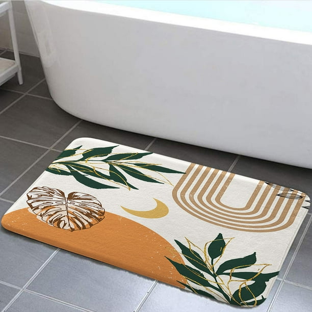 Mid Century Boho Bath Rugs Mats, Bohemian Abstract Arch Plant Botanical