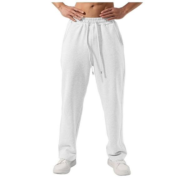 Hifoo Mens Casual Mid-Waist Sports Woven Pants Solid Color With Pockets Leather Label Thin Sweatpants Trousers Soft Slacks