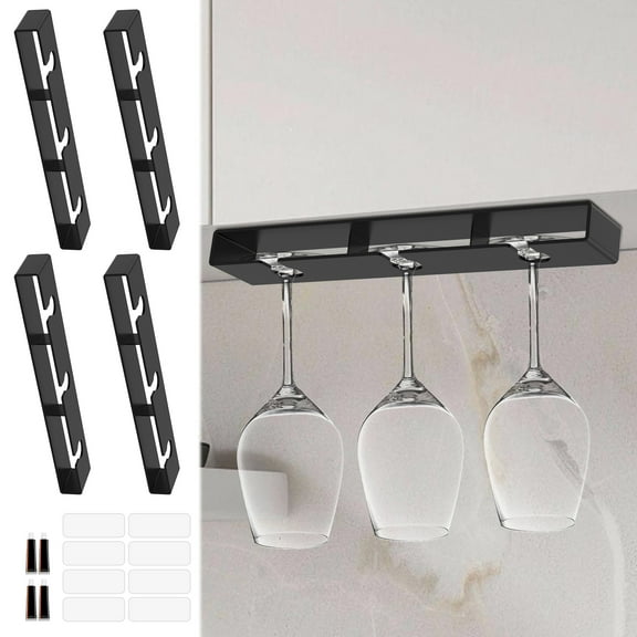 Threns 4Pcs Under Cabinet Wine Glass Holder No Drilling Upside Down Wine Glass Rack Heavy Duty Plastic Stemware Holder Hanger Rack for Home Kitchen