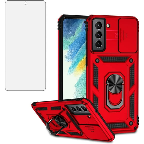 Phone Case for Samsung Galaxy S21 FE 5G with Tempered Glass Screen Protector and Slim Stand Hybrid Rugged Protective Cell Cover S 21 EF S21FE5G UW S21FE 21S G5 6.4 inch Women Men Red