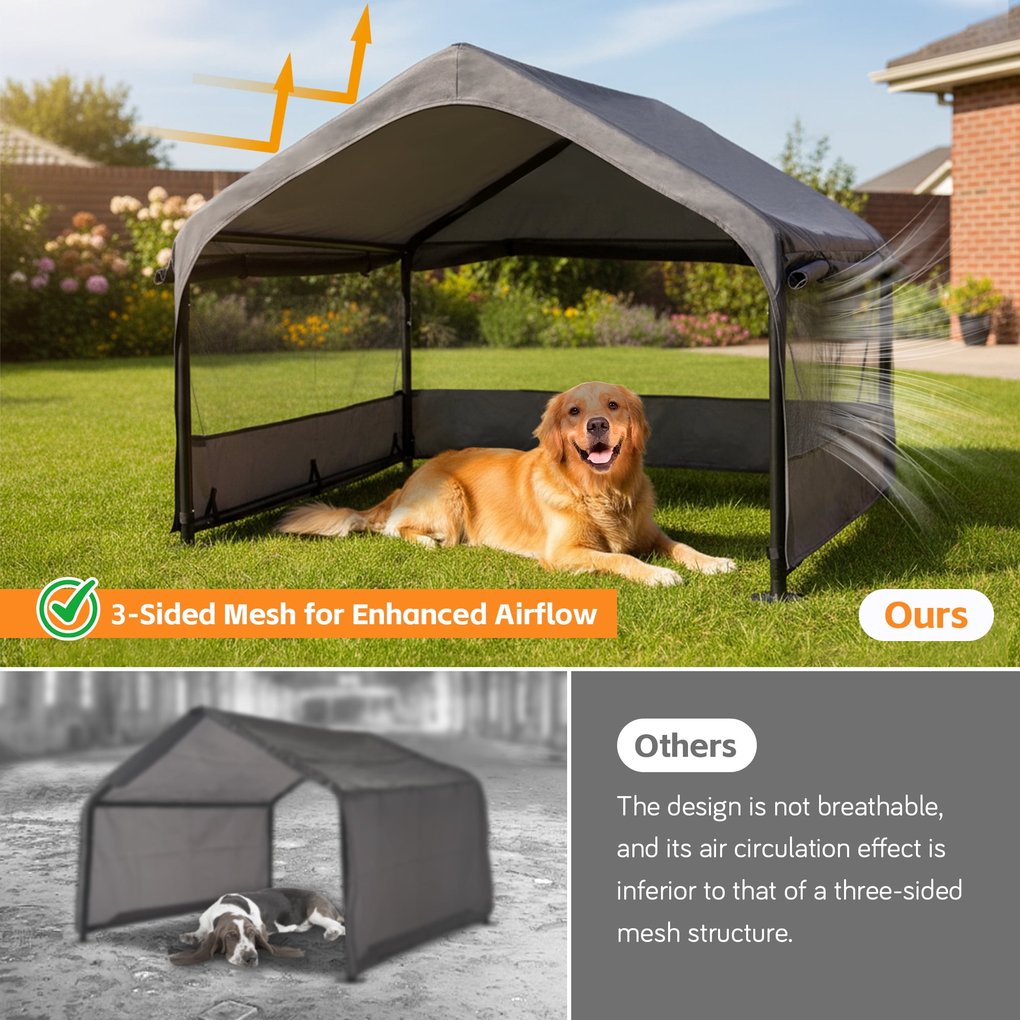 4' x 4' Extra Large Outdoor Dog House Tent, 3-Side Breathable Mesh Windows Pet Shelter with Canopy, UPF 50+ Waterproof Oxford Fabric, Steel Frame & Ground Stakes for Dogs Cats Livestock