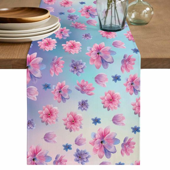 Table Runner - 90 Inch Long, Spring Floral Kitchen Dining Table Runner Dresser Scarves, Purple Pink Blue Flower Botanical Ombre Farmhouse Decor for Coffee Tables Wedding Party Banquet