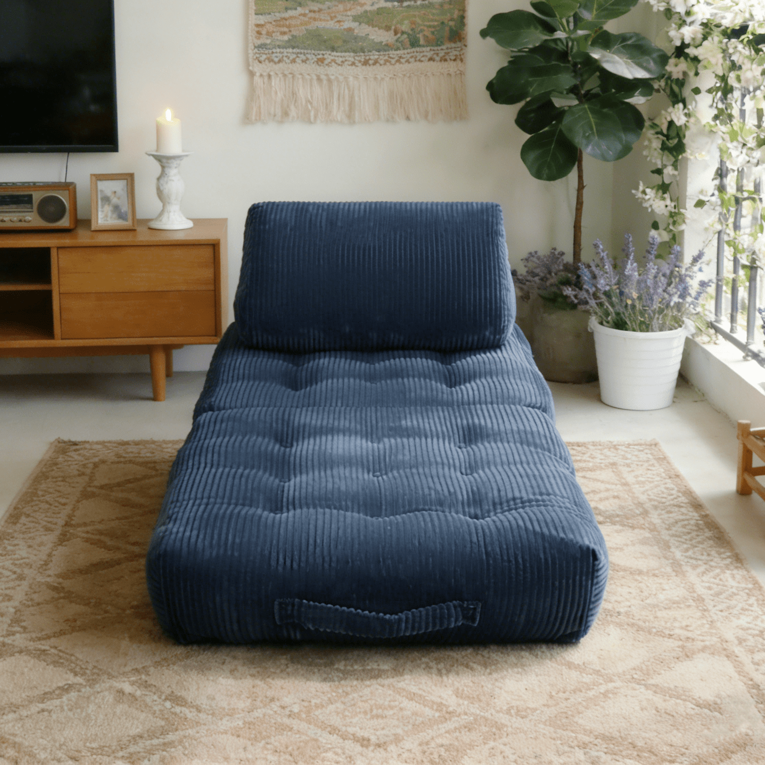70.8-Inch Beanbag Couch for Adults, Corduroy Fluffy Cloud Lazy Sofa Chair with Ergonomic Support for Living Room and Dorm, No Assembly Required, Blue