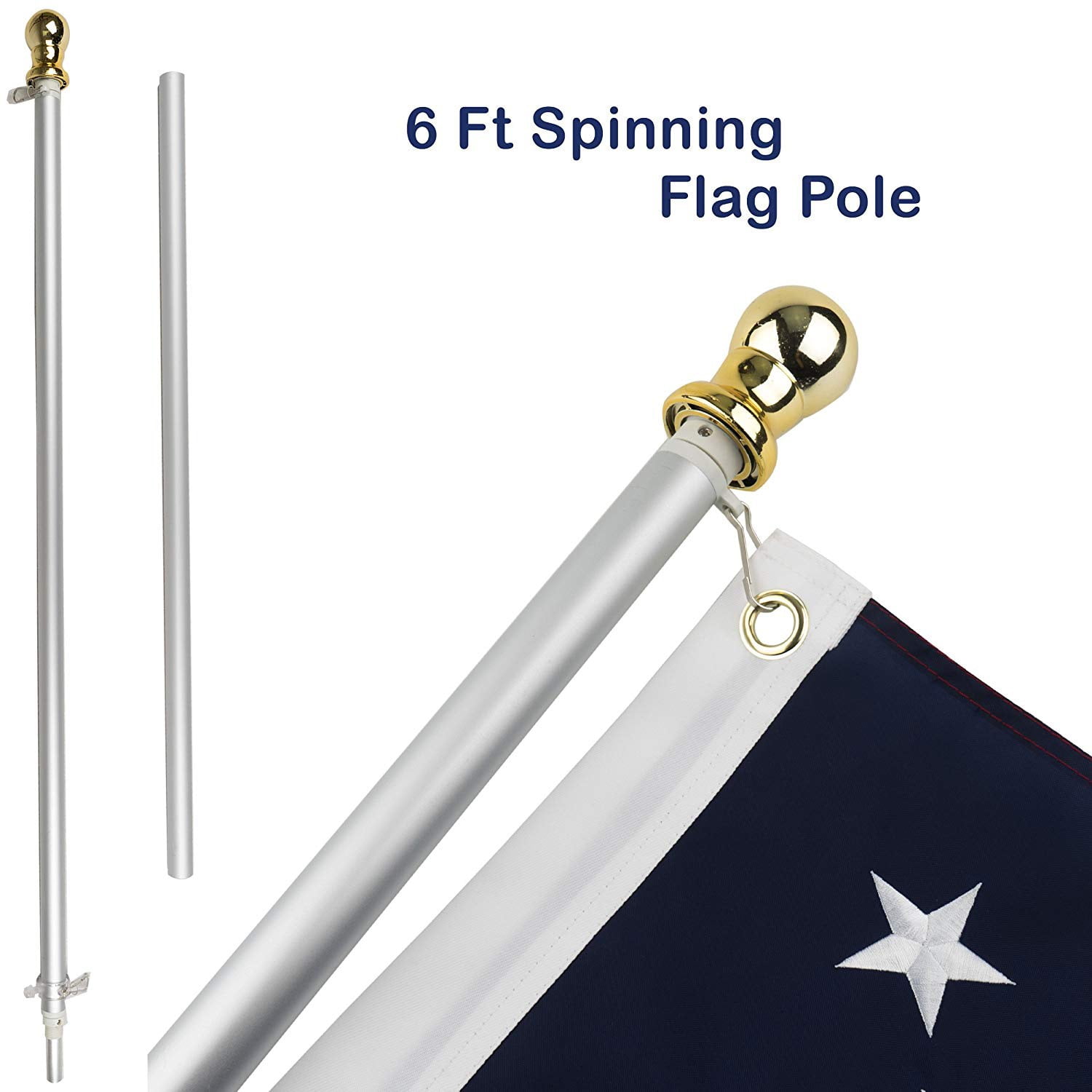 Front Line Flags Flag Pole: 6 Ft Silver Aluminum Flagpole Wind Resistant and Rust Free Silver Wall Mount Flagpole P/N FL6S Spinning and Tangle-Free Heavy Duty 