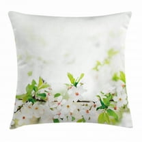 Flower Throw Pillow Cushion Cover, White Springtime Blossoms on Tree Branch Freshness Garden Growth Seasonal Nature, Decorative Square Accent Pillow Case, 18 X 18 Inches, White Green, by Ambesonne