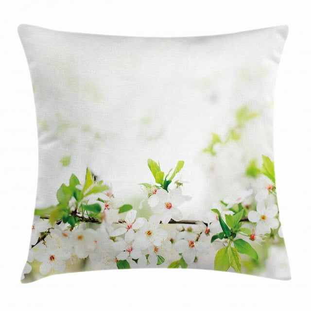 Flower Throw Pillow Cushion Cover, White Springtime Blossoms on Tree Branch Freshness Garden Growth Seasonal Nature, Decorative Square Accent Pillow Case, 18 X 18 Inches, White Green, by Ambesonne