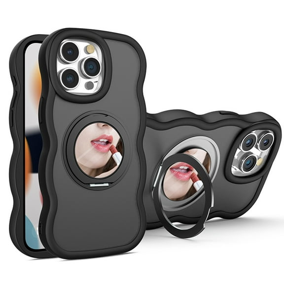 Dteck with Strap for iPhone 16 Pro Case with 360° Rotatable Magnetic Ring Stand Compatible with Mag-Safe Built-in Mirror Curly Wave TPU Frame Translucent Matte PC Cover for Women Men, Black
