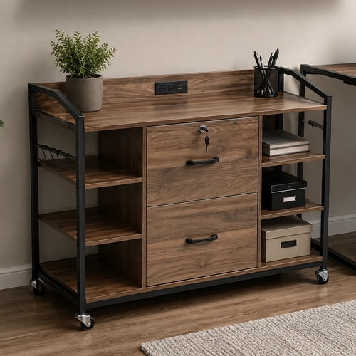 Archivero Móvil Utilia Industrial 2 Cajones con Cerradura, USB y Ruedas 360°, Metal y Madera, Home Office, Café 110x40x69 cm