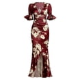 thumbnail image 5 of XIAOCHA Womens Deep V‑Neck Mermaid Maxi Dress Puff Flutter Short Sleeve Floral Print Ruffled Slit Party Dresses, 5 of 5